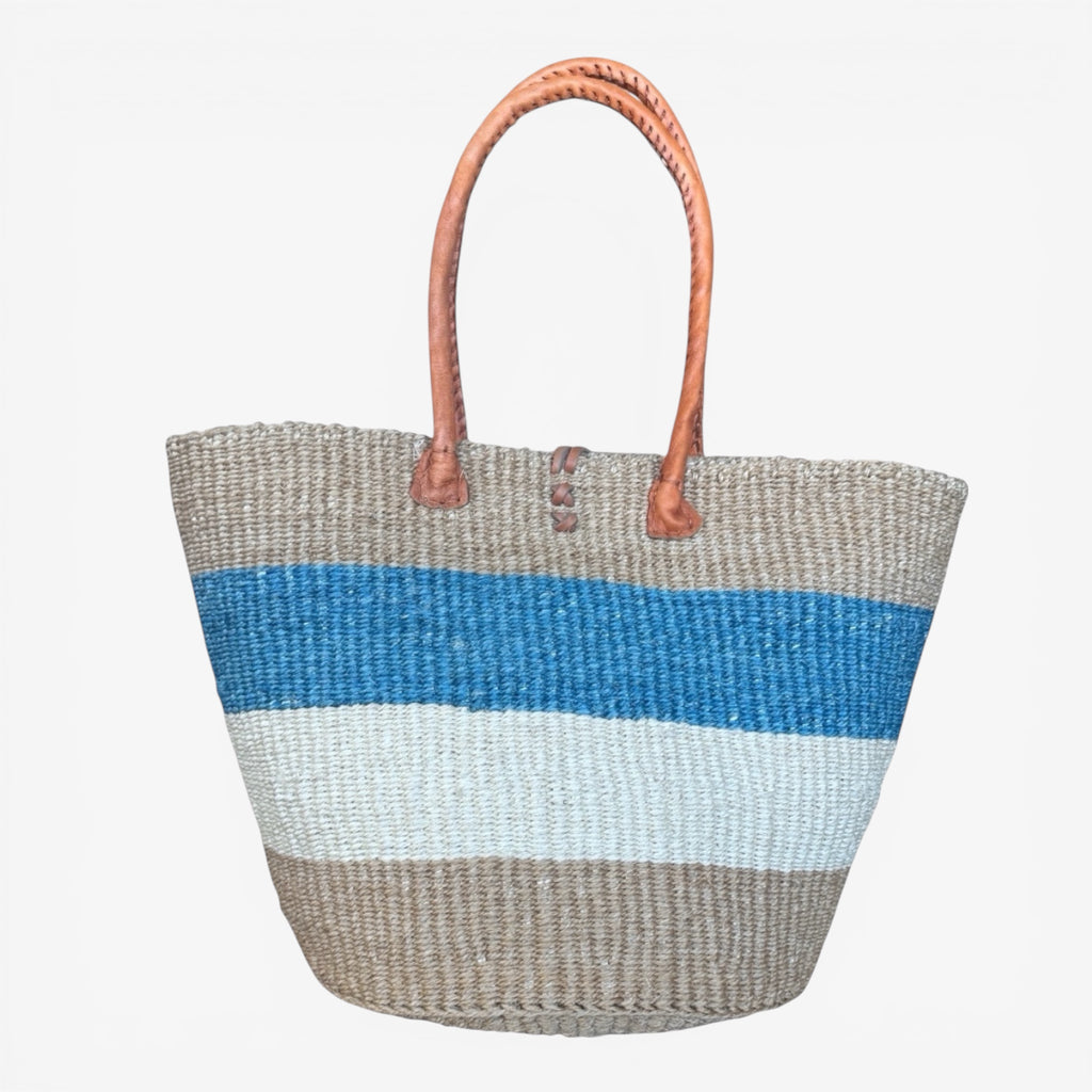 Back view of Pwani Signature Sisal Basket showing leather handle attachment and sisal weave structure