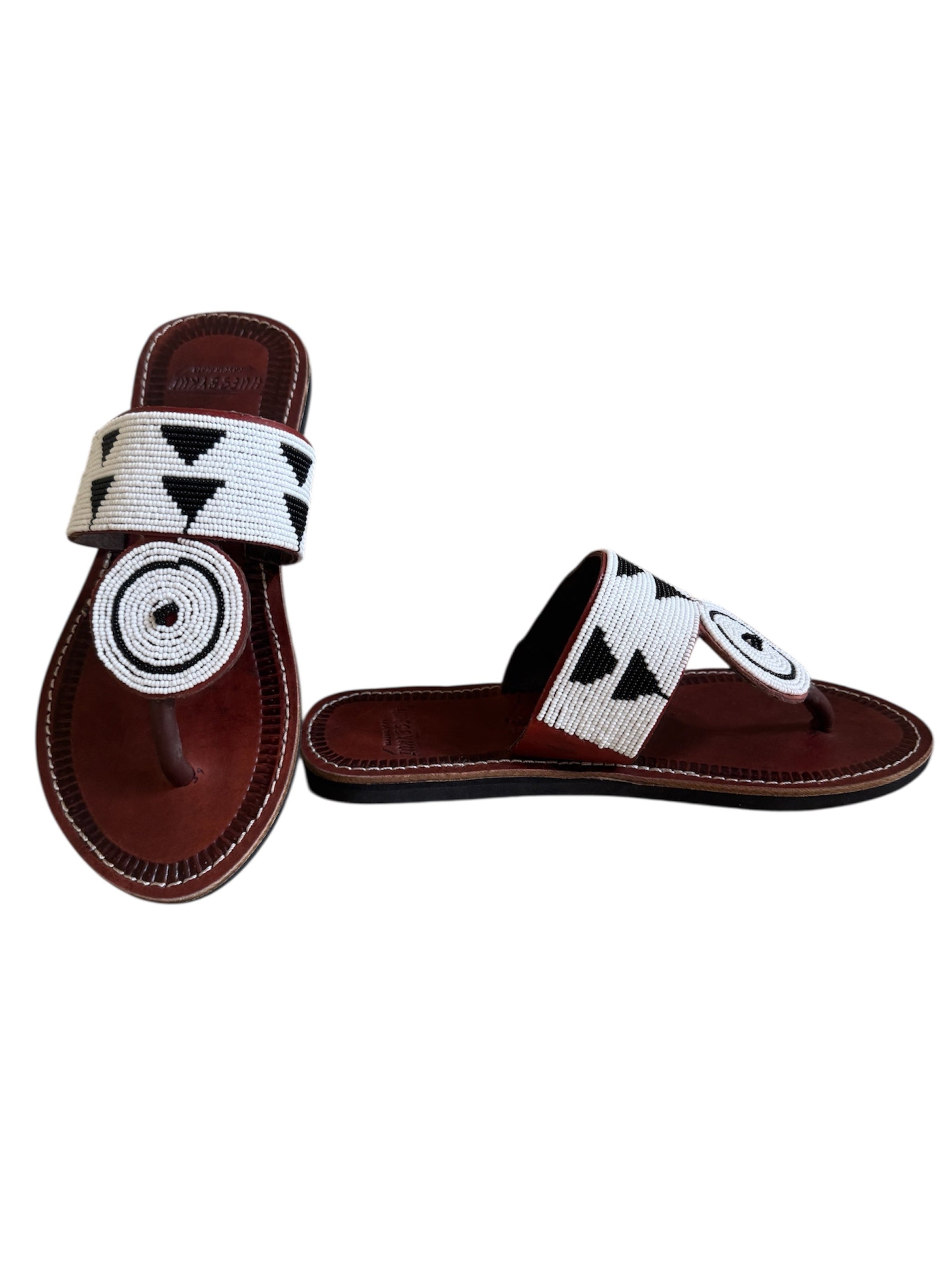 Side view of Nabo beaded leather sandals showing handcrafted Maasai bead detailing
