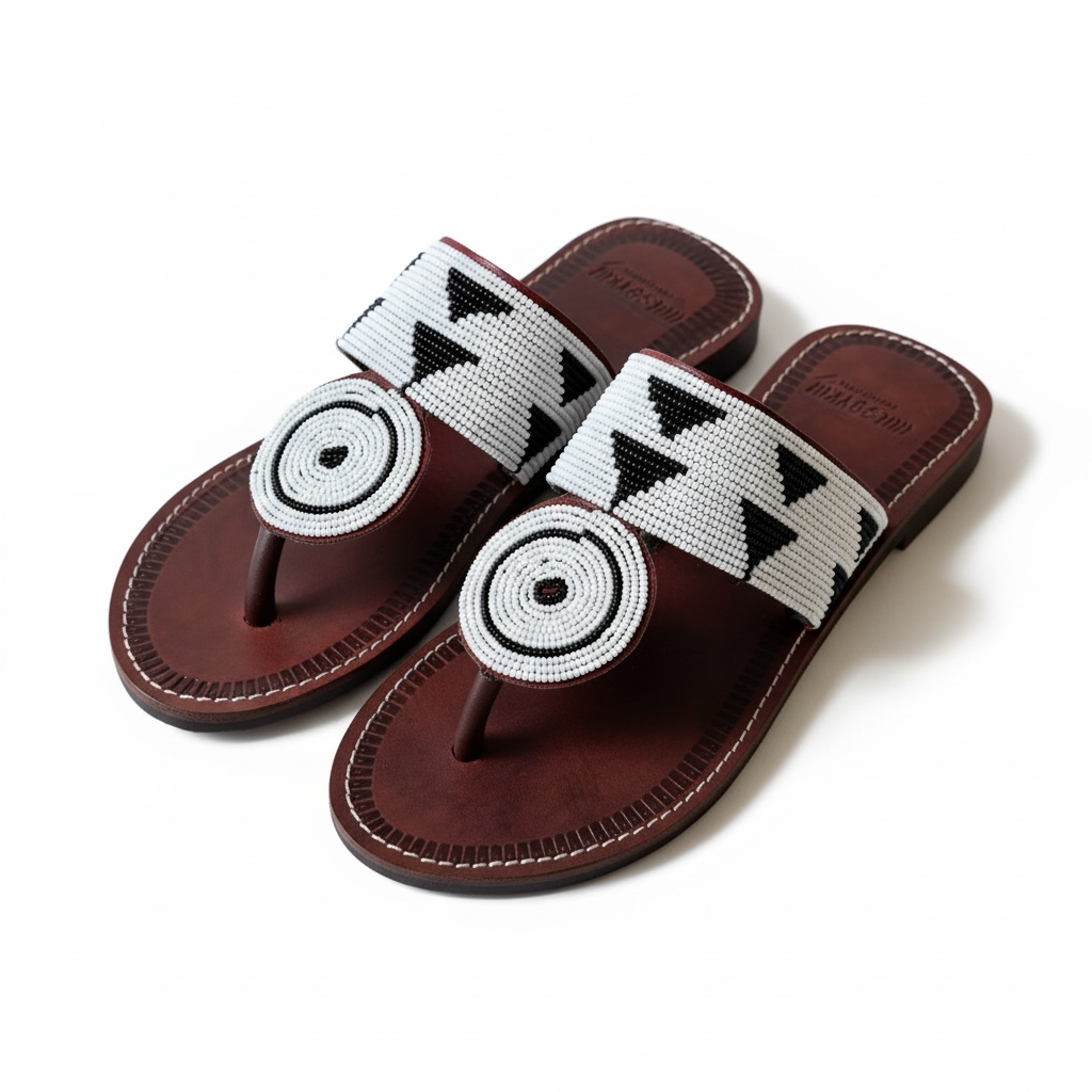 Brown leather beaded sandals featuring monochrome circular beadwork – Nabo by Hues by Kui