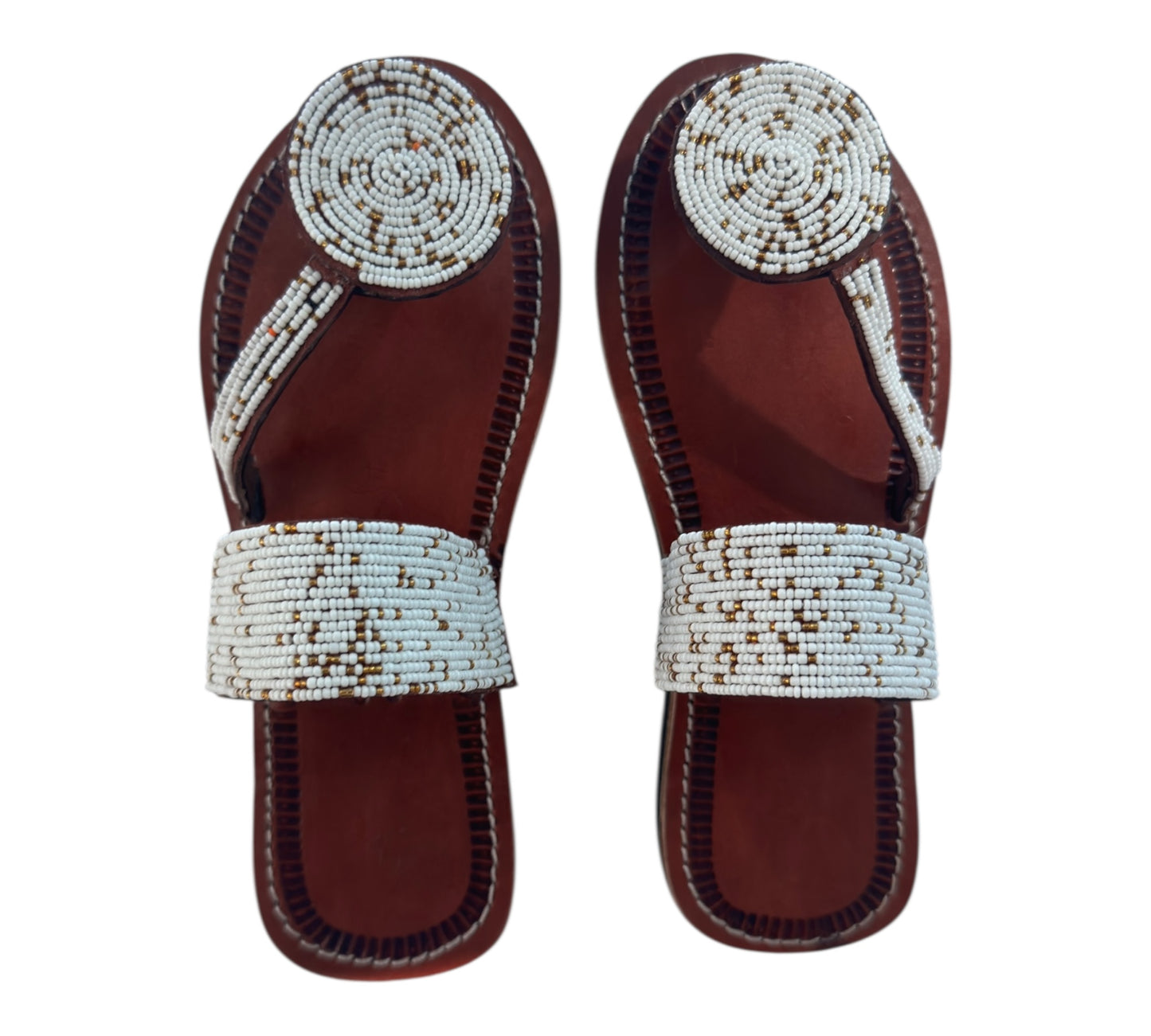 The Naserian Sandal – White & Gold Maasai Beaded Leather Sandals for Women.