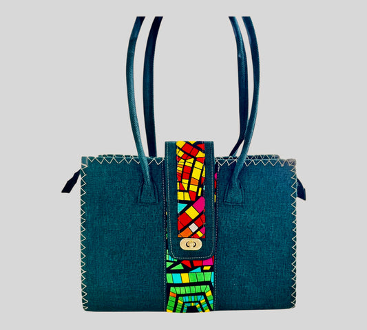 Afro Mosaic Denim Tote Bag – Handmade African Print & Leather Handle Bag | Hues by Kui