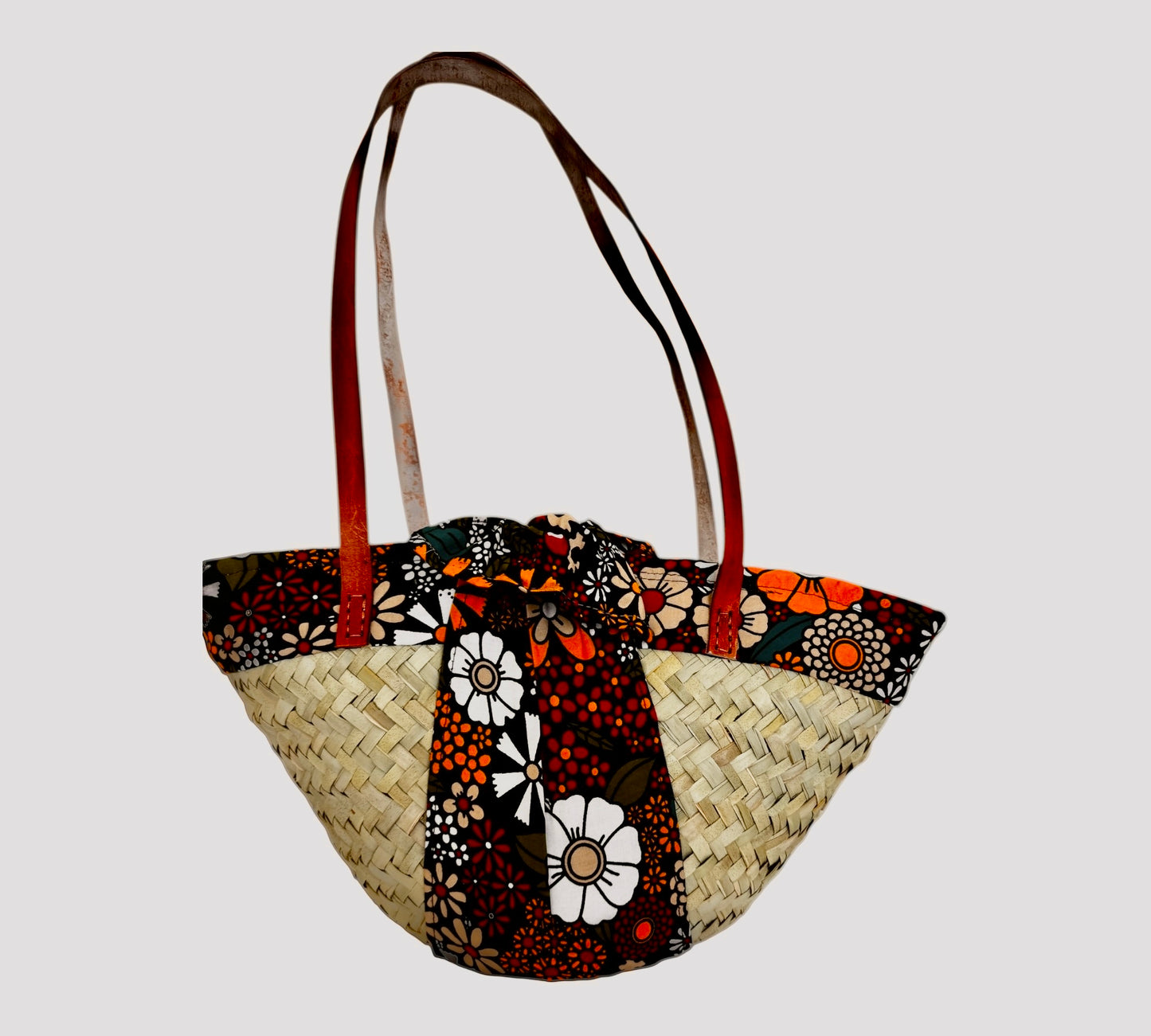 Zuri Floral Palm Basket – Handmade African Tote with Leather Straps & Ankara Cotton Fabric | Hues by Kui