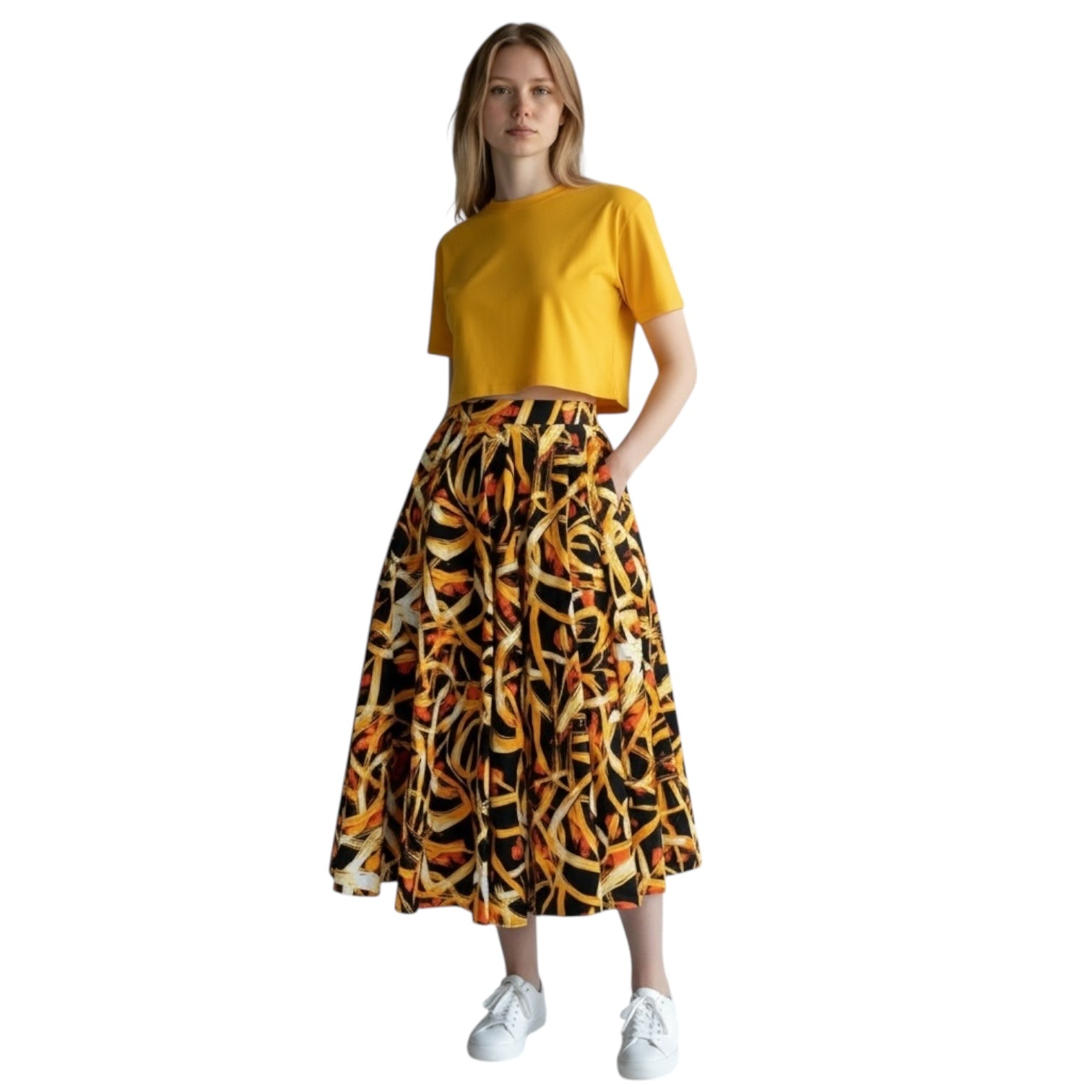 Sunrise Flames Ankara Skirt – Midi/Maxi Length African Print Skirt (100% Cotton) | Hues by Kui