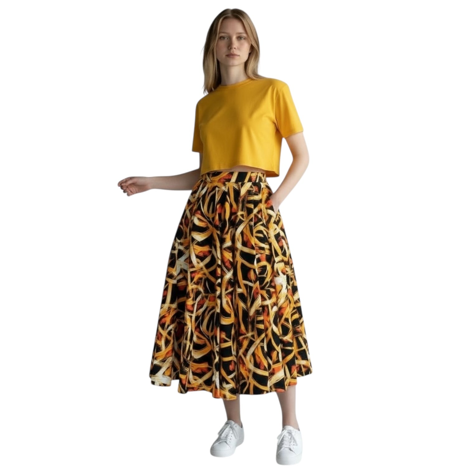 Sunrise Flames Ankara Skirt – Midi/Maxi Length African Print Skirt (100% Cotton) | Hues by Kui