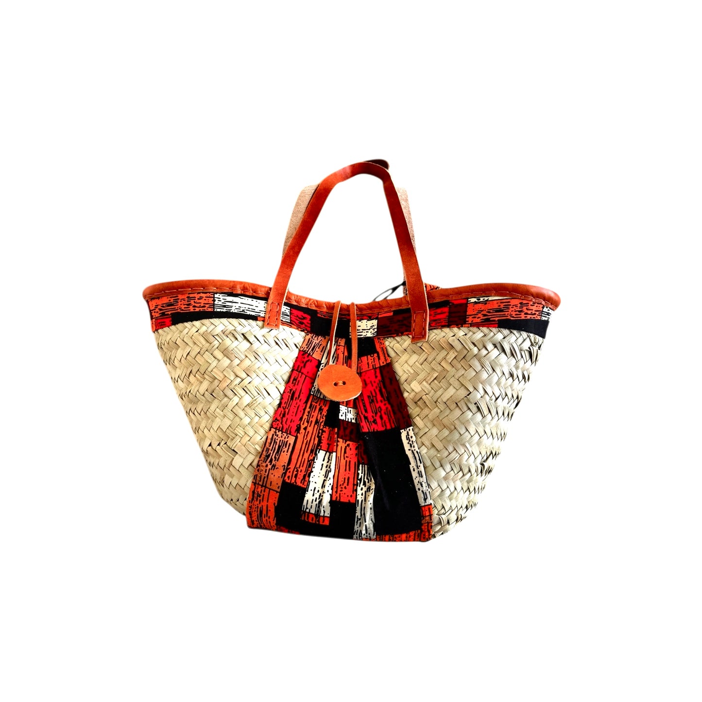 Makena Palm Leaf Tote – Handmade African Basket with Leather Handles & Ankara Cotton Fabric | Hues by Kui