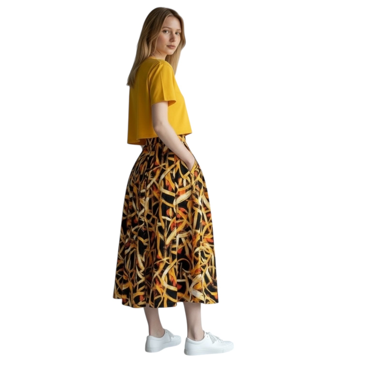 Sunrise Flames Ankara Skirt – Midi/Maxi Length African Print Skirt (100% Cotton) | Hues by Kui