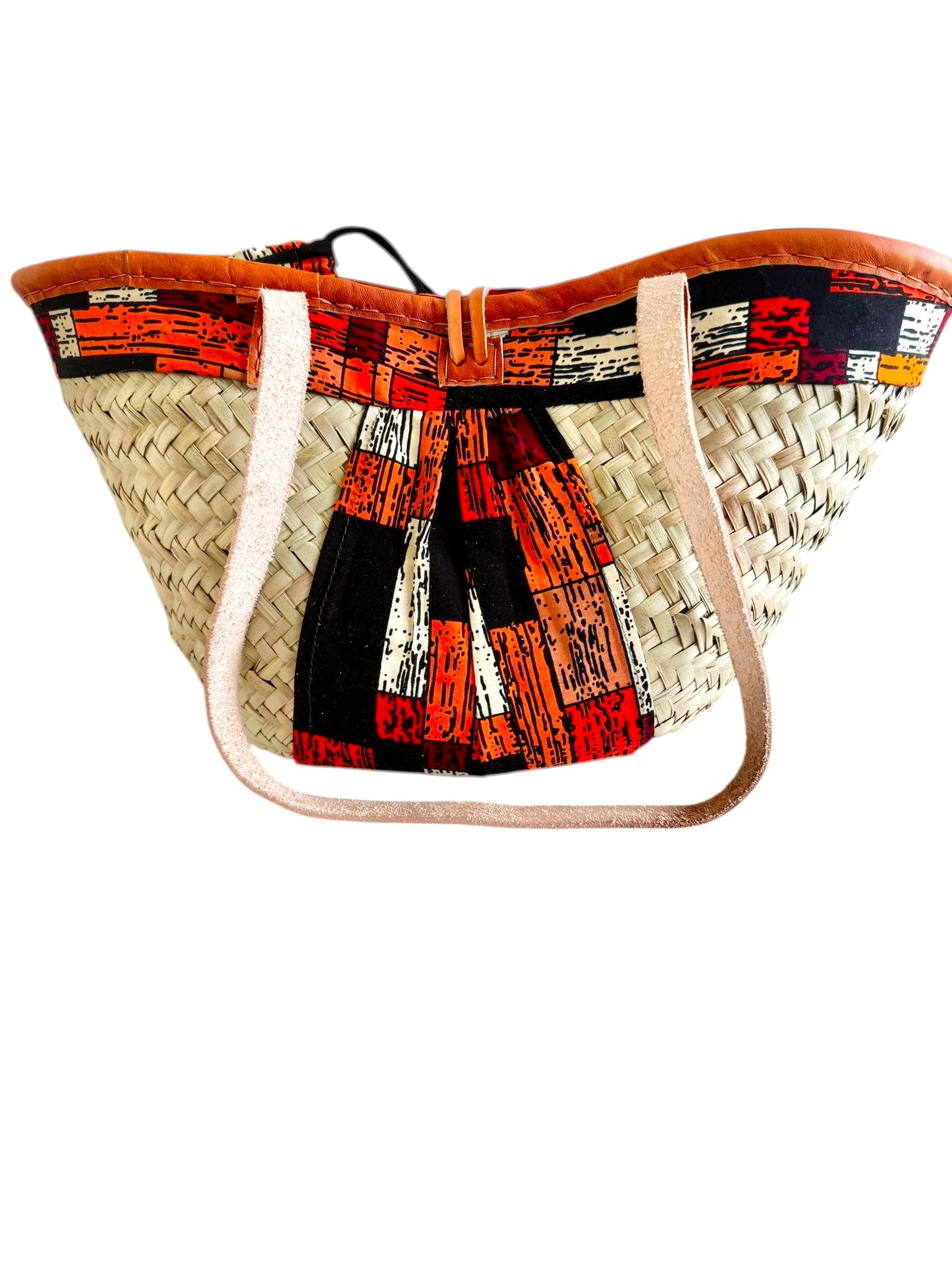 Makena Palm Leaf Tote – Handmade African Basket with Leather Handles & Ankara Cotton Fabric | Hues by Kui