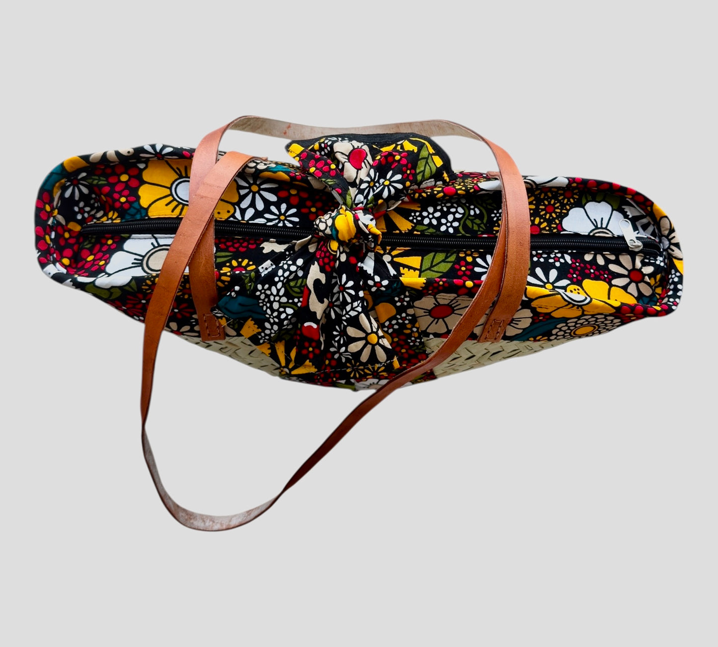 Zuri Floral Palm Basket – Handmade African Tote with Leather Straps & Ankara Cotton Fabric | Hues by Kui
