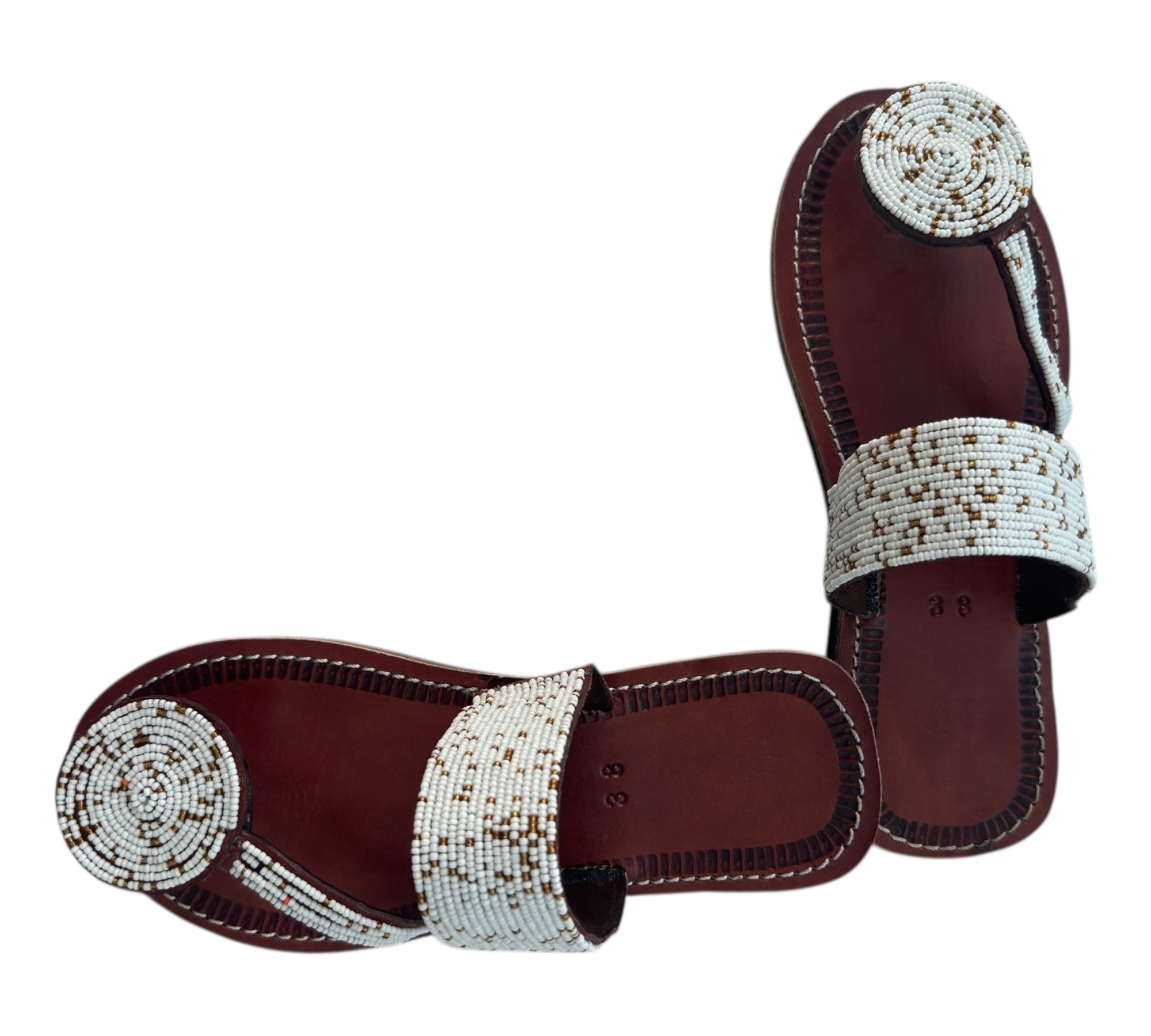 The Naserian Sandal – White & Gold Maasai Beaded Leather Sandals for Women.