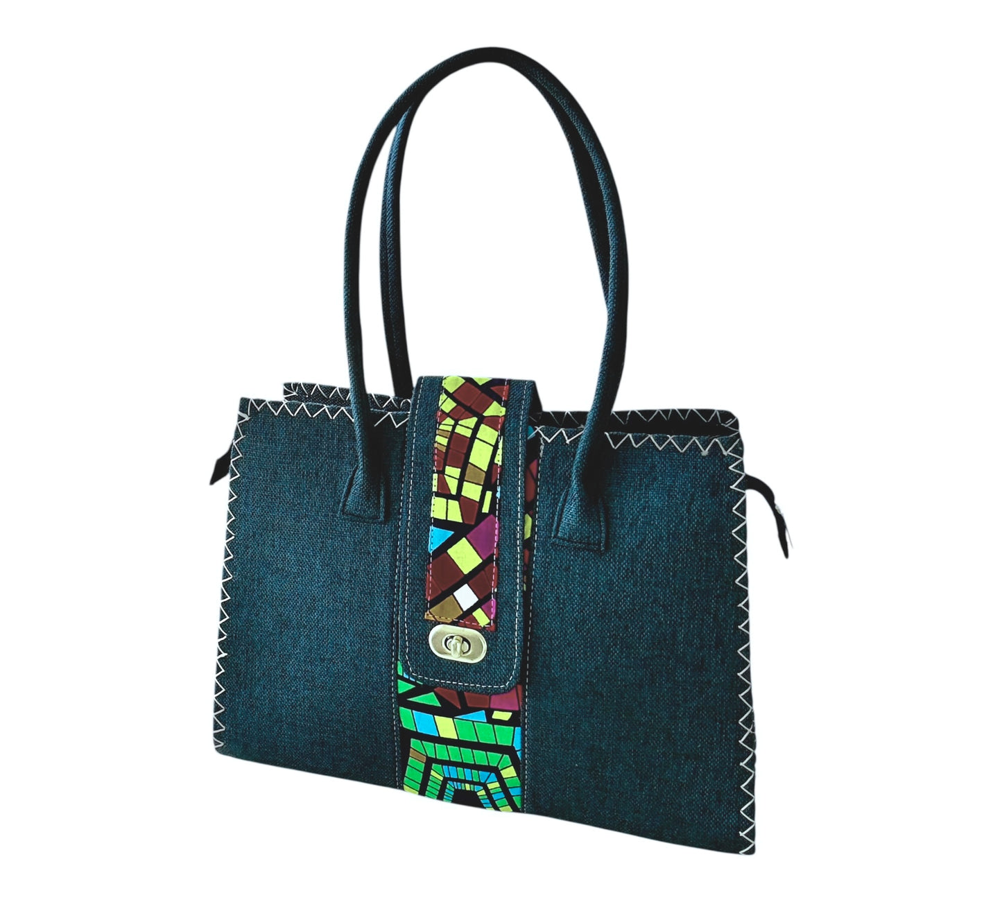 Afro Mosaic Denim Tote Bag – Handmade African Print & Leather Handle Bag | Hues by Kui
