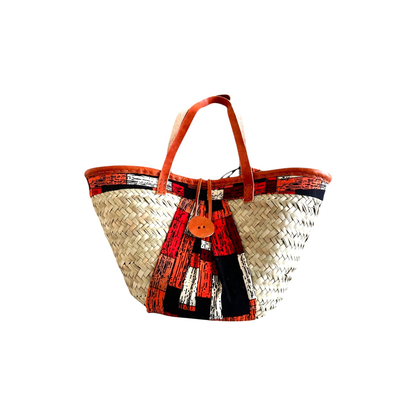 Makena Palm Leaf Tote – Handmade African Basket with Leather Handles & Ankara Cotton Fabric | Hues by Kui