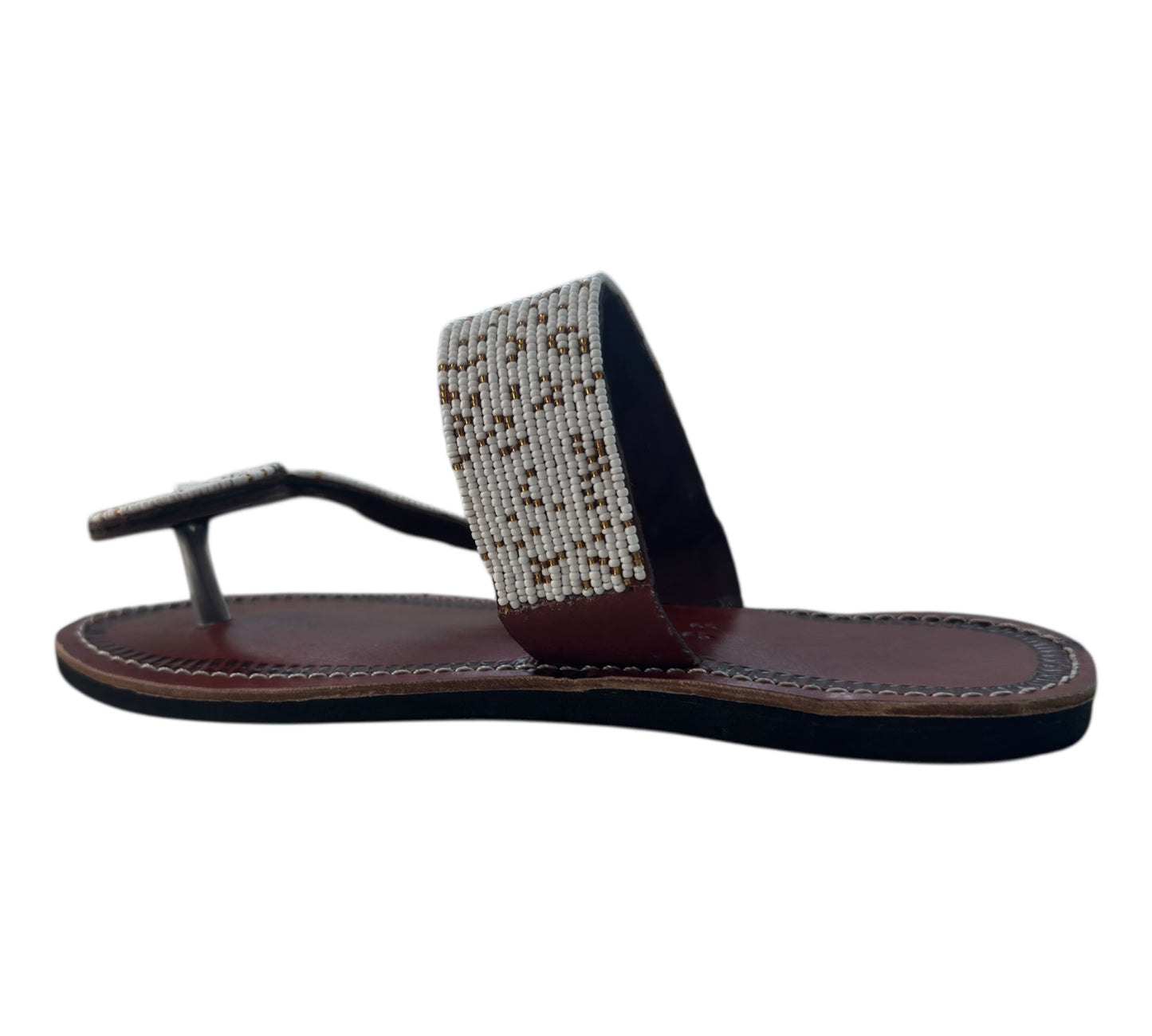 The Naserian Sandal – White & Gold Maasai Beaded Leather Sandals for Women.