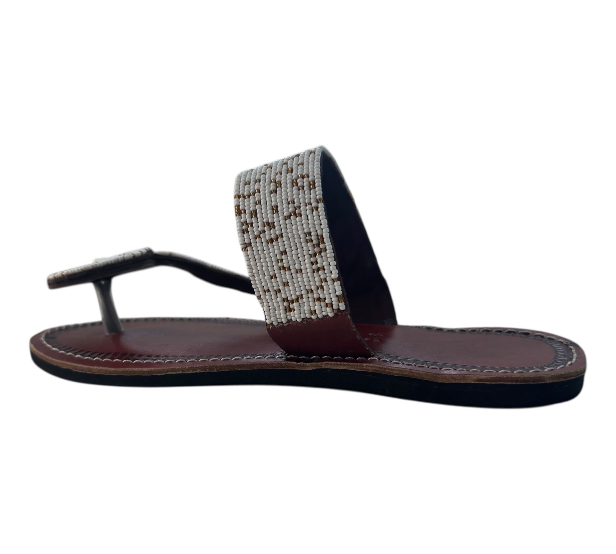 The Naserian Sandal – White & Gold Maasai Beaded Leather Sandals for Women.