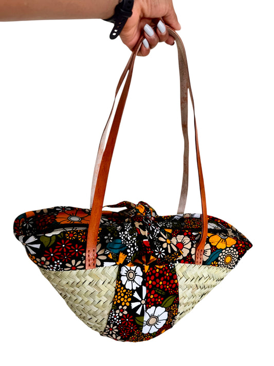Zuri Floral Palm Basket – Handmade African Tote with Leather Straps & Ankara Cotton Fabric | Hues by Kui
