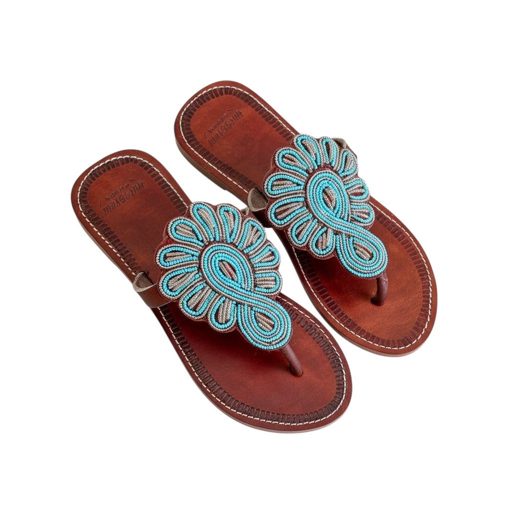 Enkai beaded Leather Sandals - Turquoise