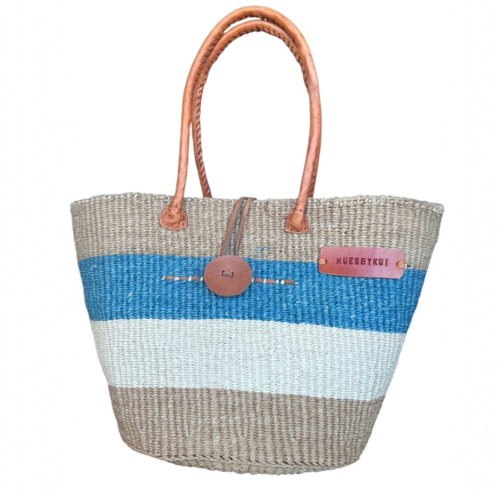 Pwani Signature Sisal Basket handwoven natural fiber tote with leather handles by Hues by Kui