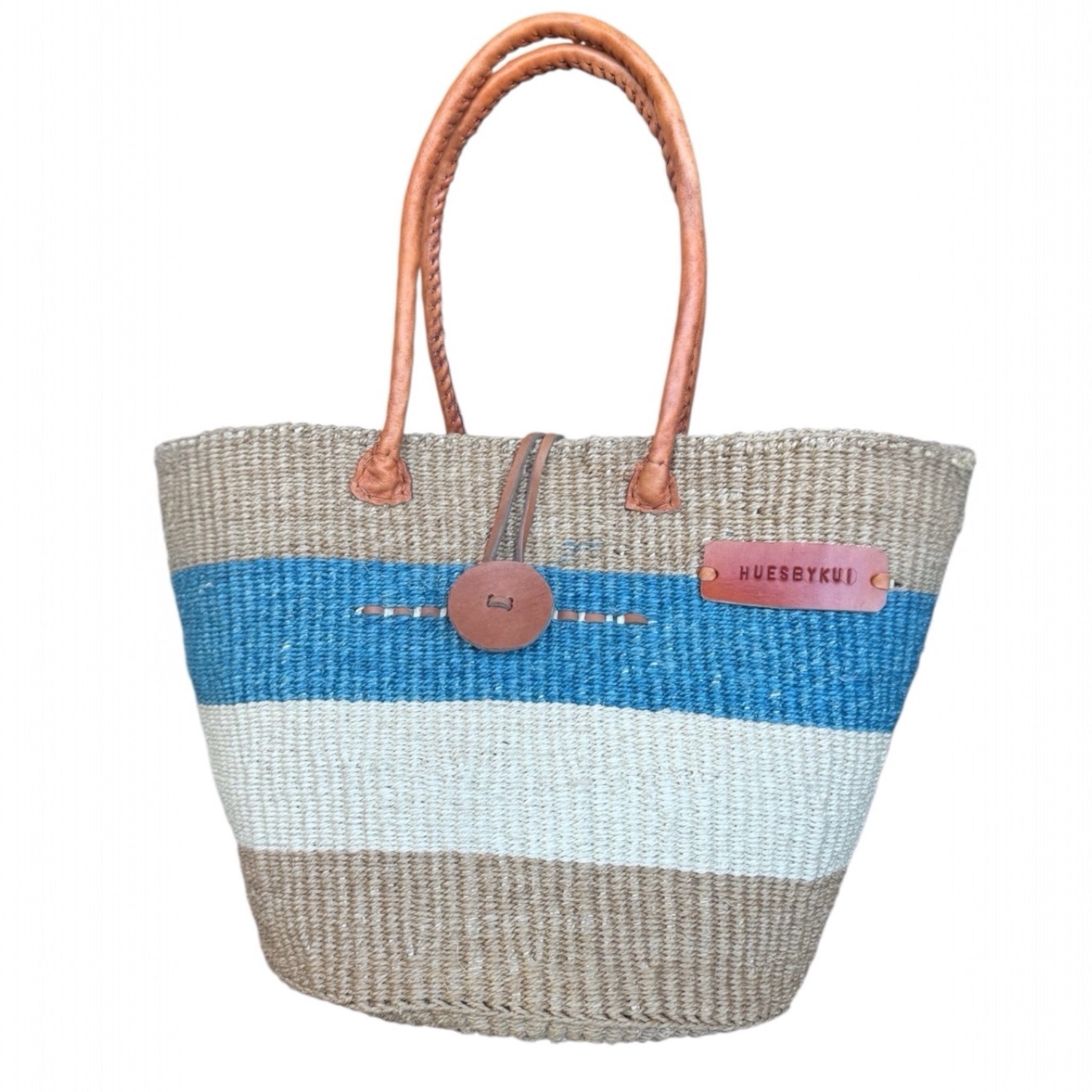 Pwani Signature Sisal Basket handwoven natural fiber tote with leather handles by Hues by Kui