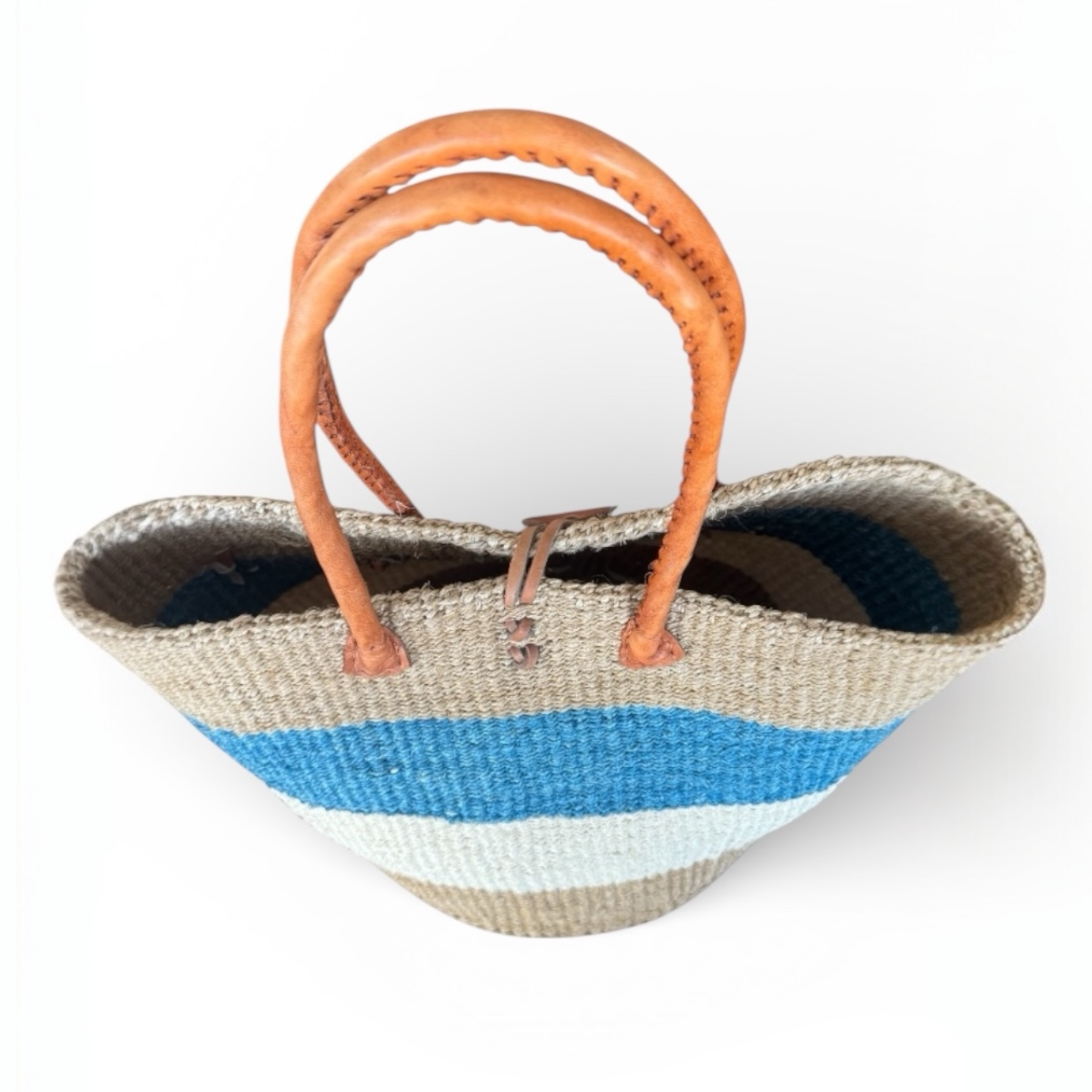 Top opening view of Pwani Signature Sisal Basket showing spacious interior and leather closure detail
