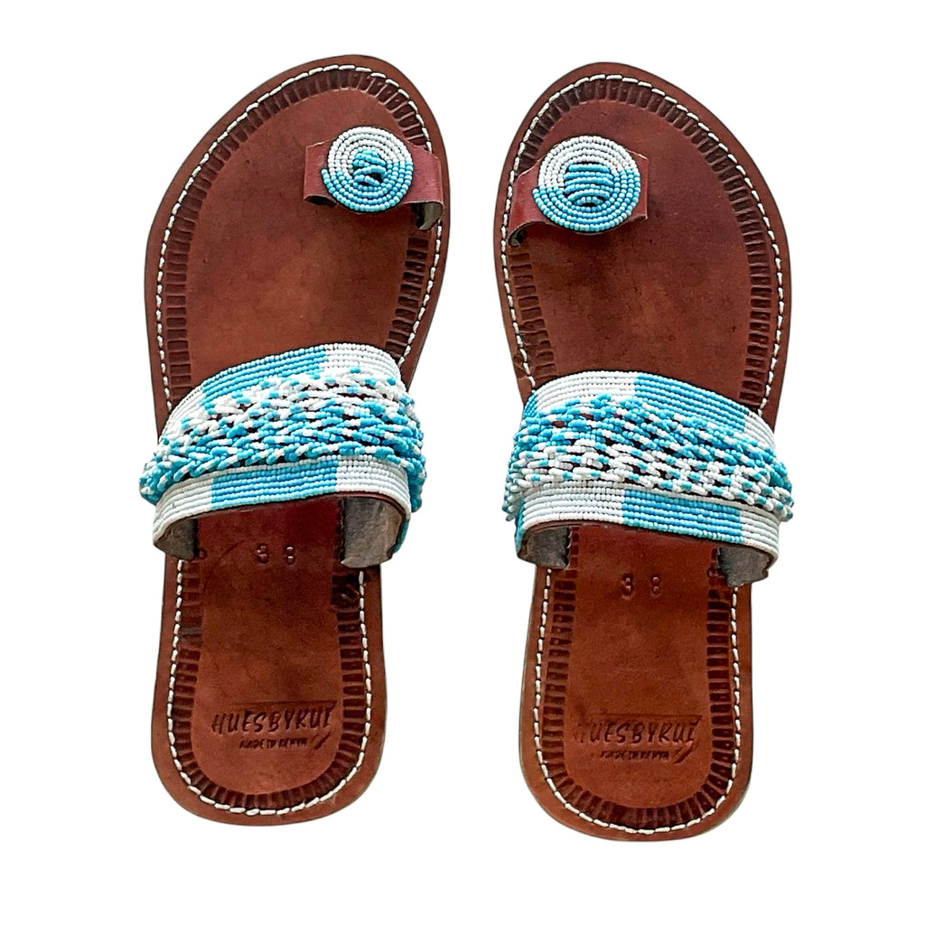 Bahari handmade Maasai leather sandals with turquoise and white beadwork by Hues by Kui
