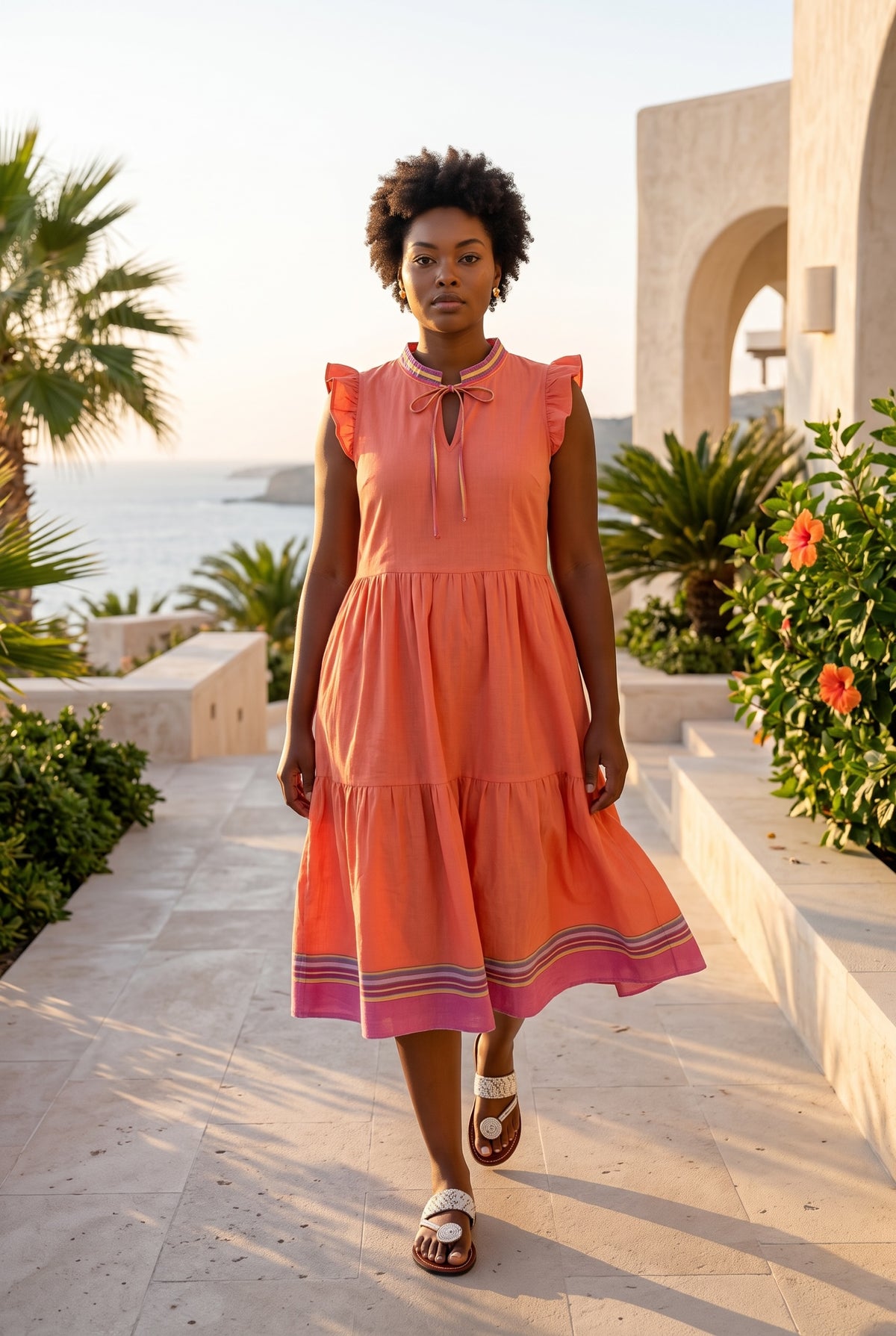 Pwani Kikoy Cotton Dress in Coral worn with leather sandals.