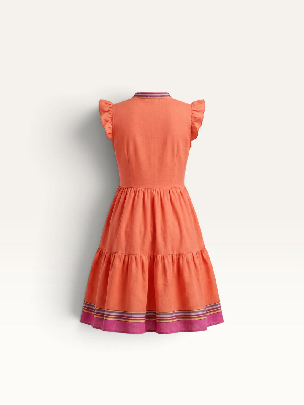 Hues by Kui coral tiered midi dress with flutter sleeves and multi-coloured striped hem detail, back view.