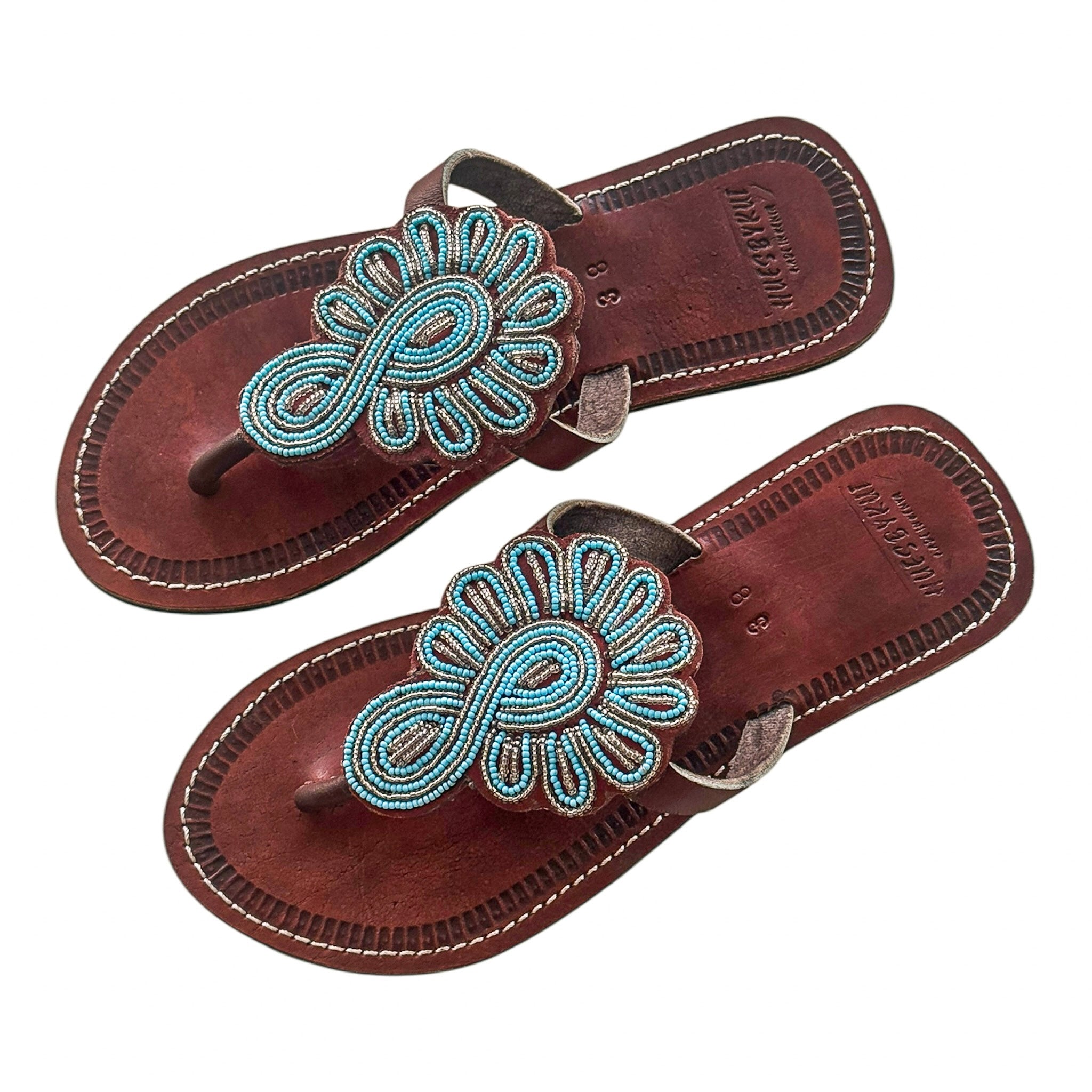 
Artisan brown leather beaded sandals with turquoise detail – Afro fusion footwear by Hues by Kui