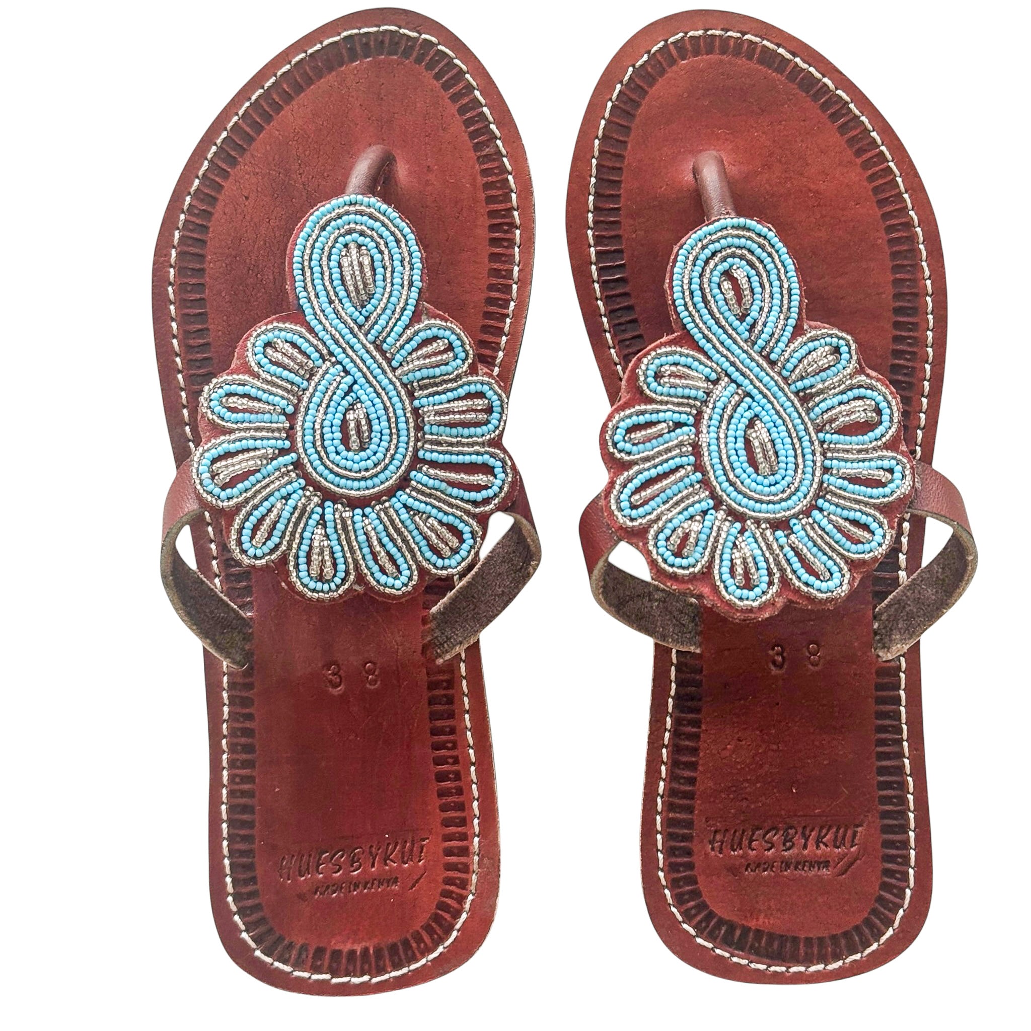 Enkai handmade brown leather sandals with turquoise floral beadwork by Hues by Kui