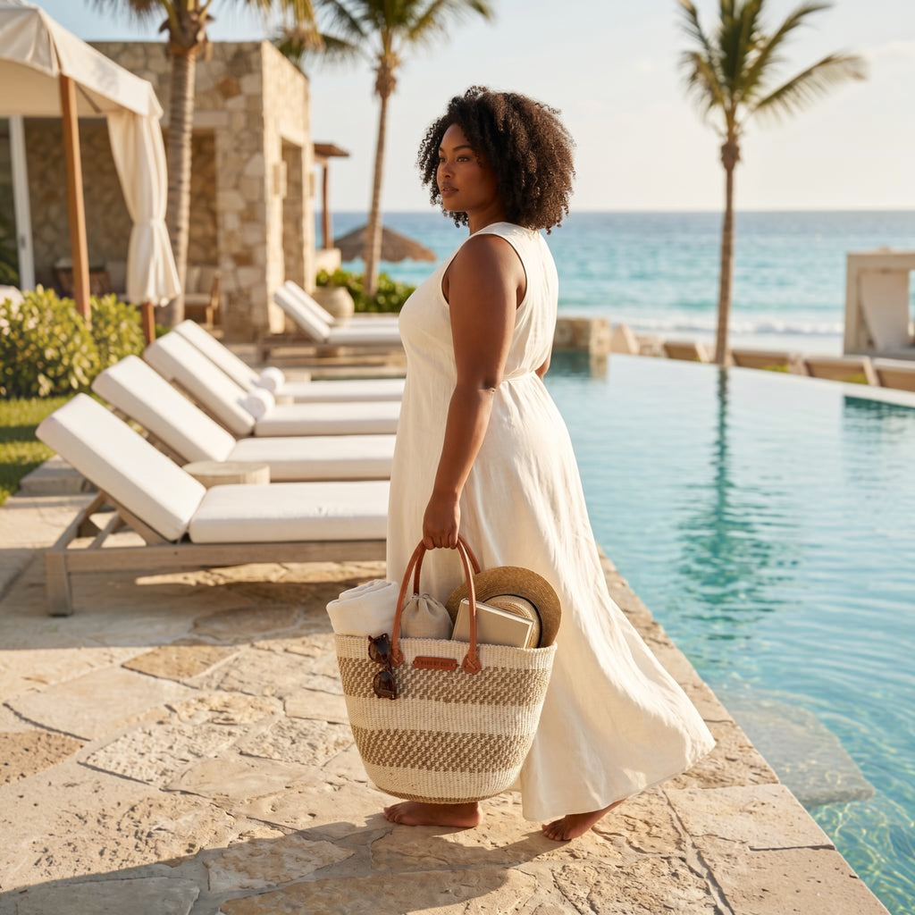 Woman in white dress holding a Hues by Kui handwoven striped tote bag with tan leather handles by a sunny pool.