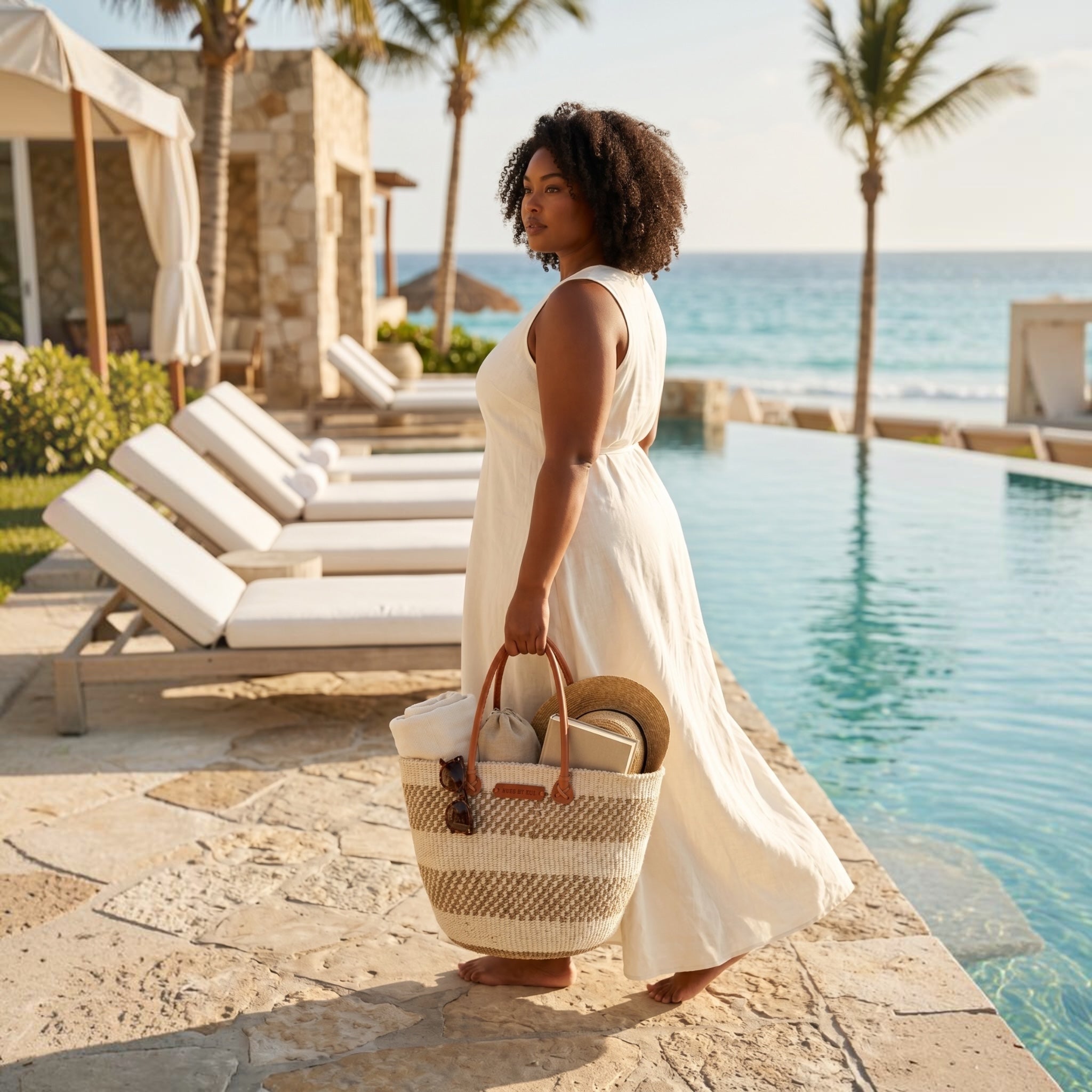Woman in white dress holding a Hues by Kui handwoven striped tote bag with tan leather handles by a sunny pool.