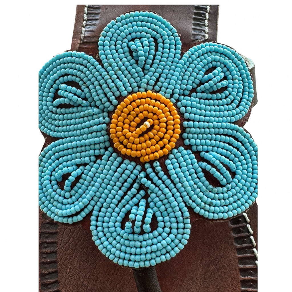 Close-up of Maasai beadwork on Maua leather sandals