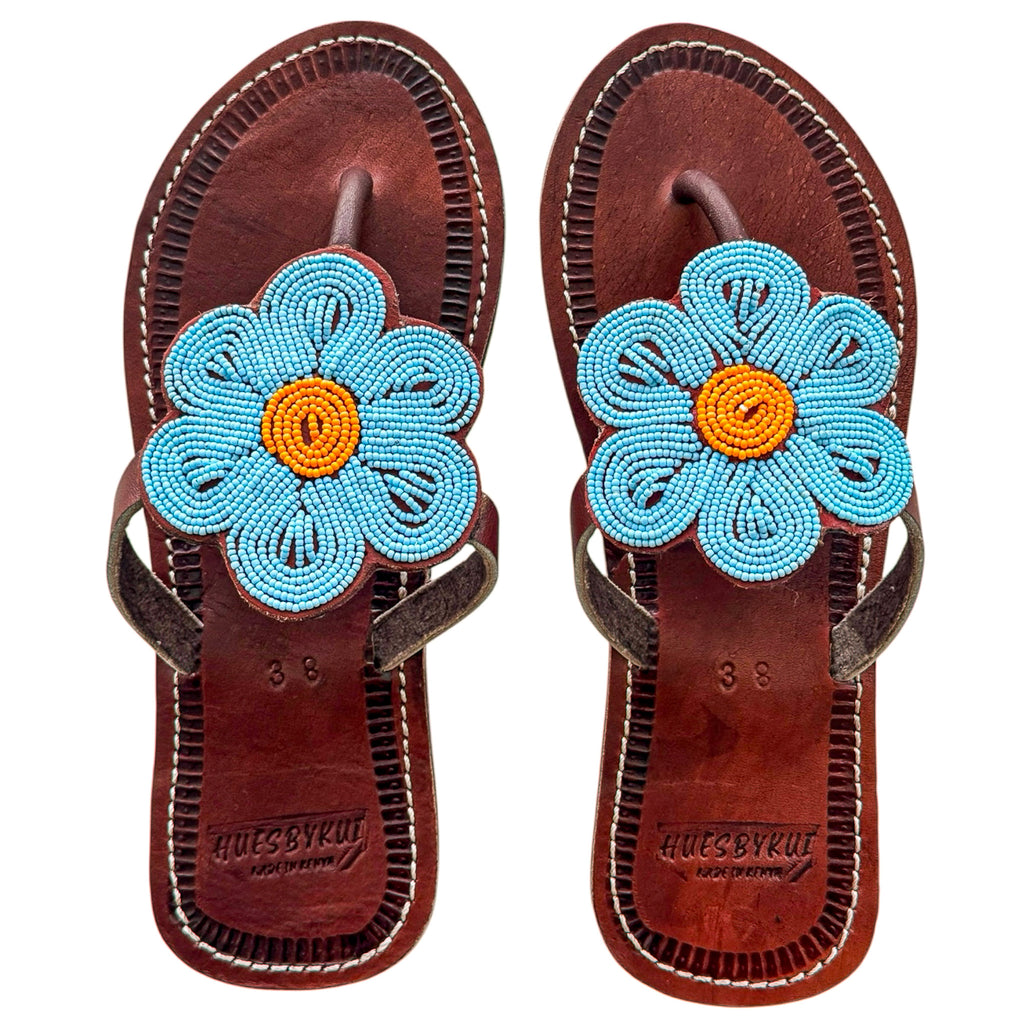 Maua handmade brown leather sandals with blue floral beadwork by Hues by Kui
