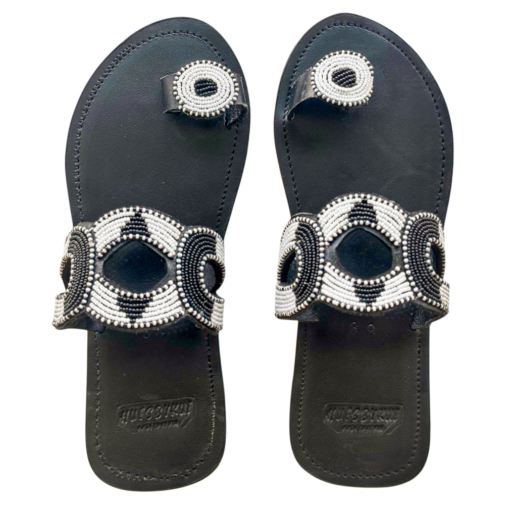 Nala handmade black leather sandals with black and white beaded design by Hues by Kui