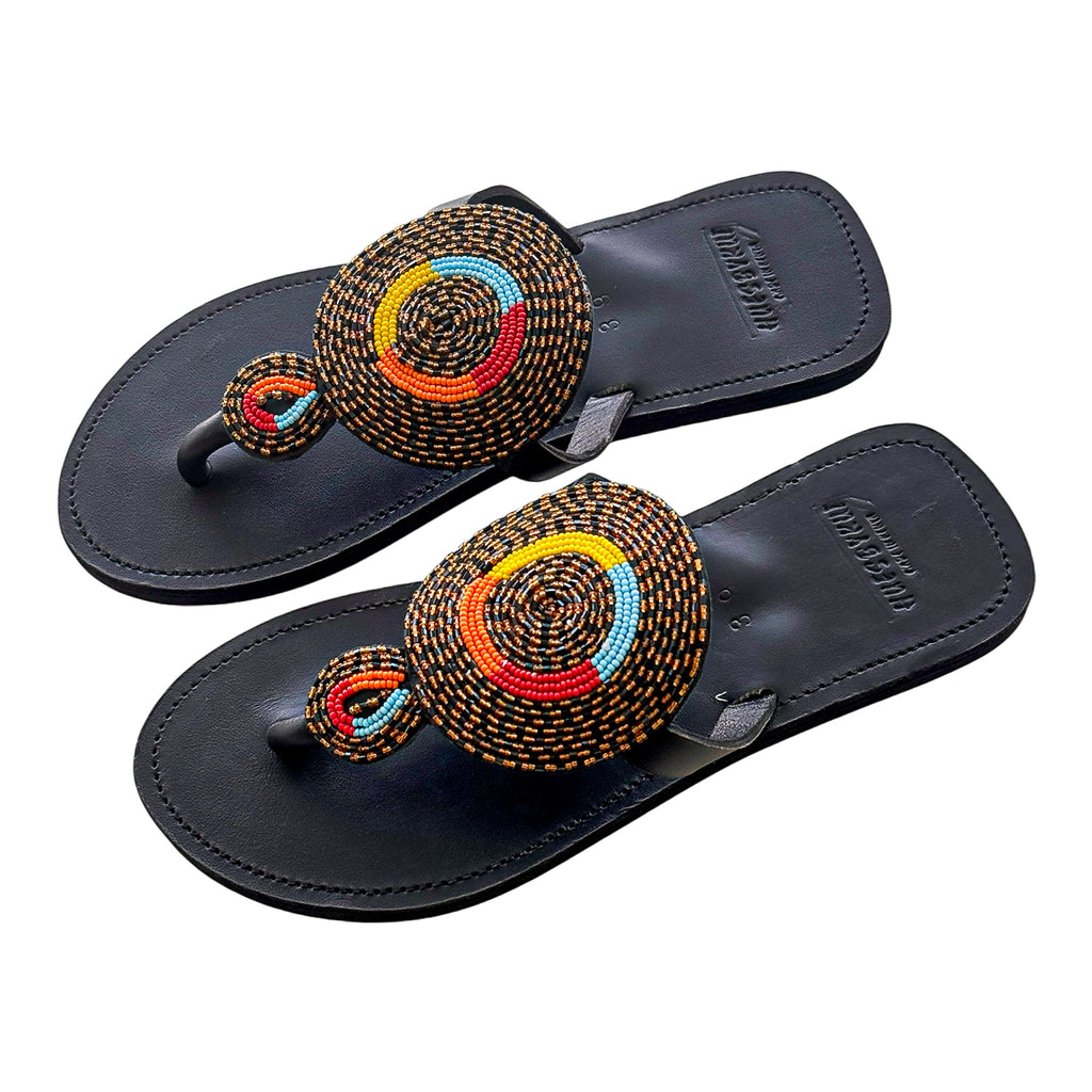 Black leather beaded sandals featuring multicolor circular beadwork – Nuru by Hues by Kui