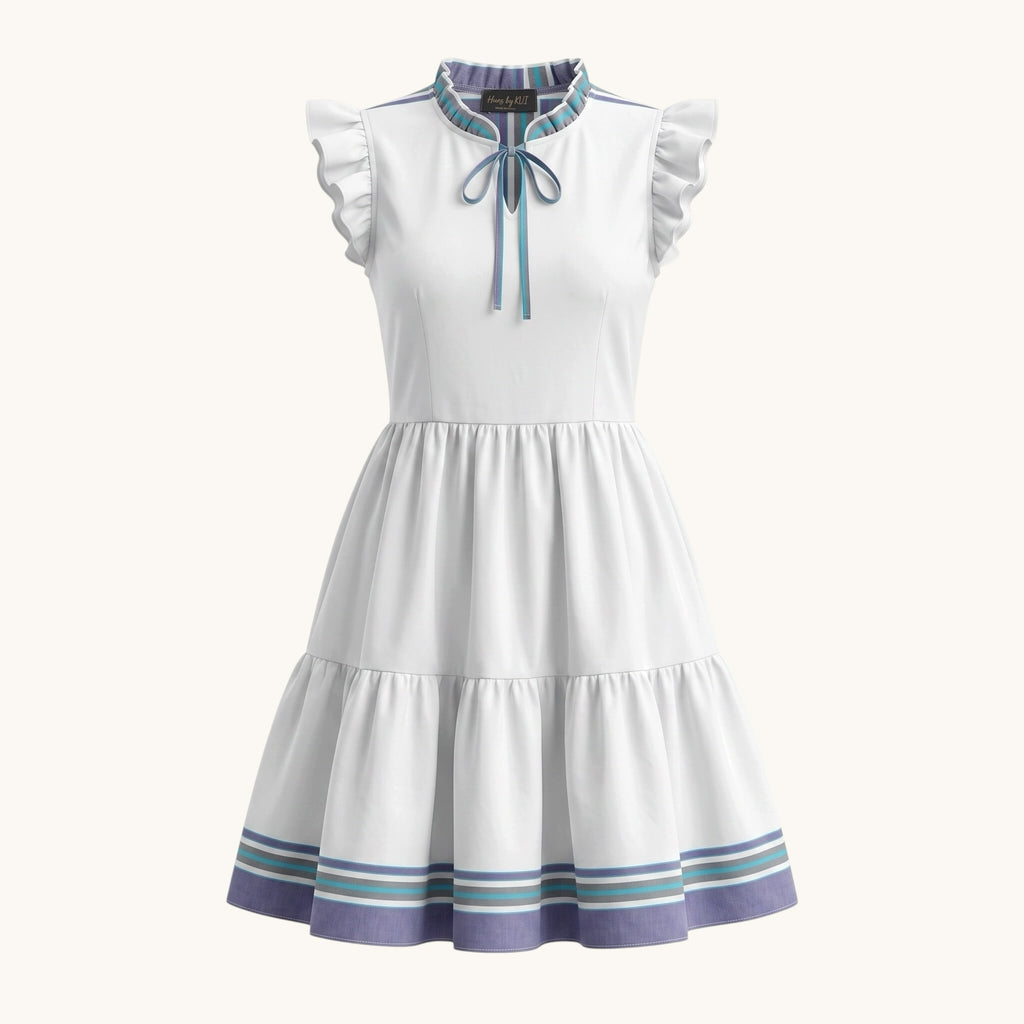 Hues by Kui white midi dress with tiered skirt, ruffle sleeves, and blue and teal striped trim with a tie-neck.