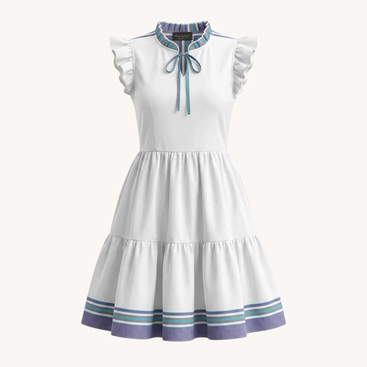 Hues by Kui white midi dress with tiered skirt, ruffle sleeves, and blue and teal striped trim with a tie-neck.