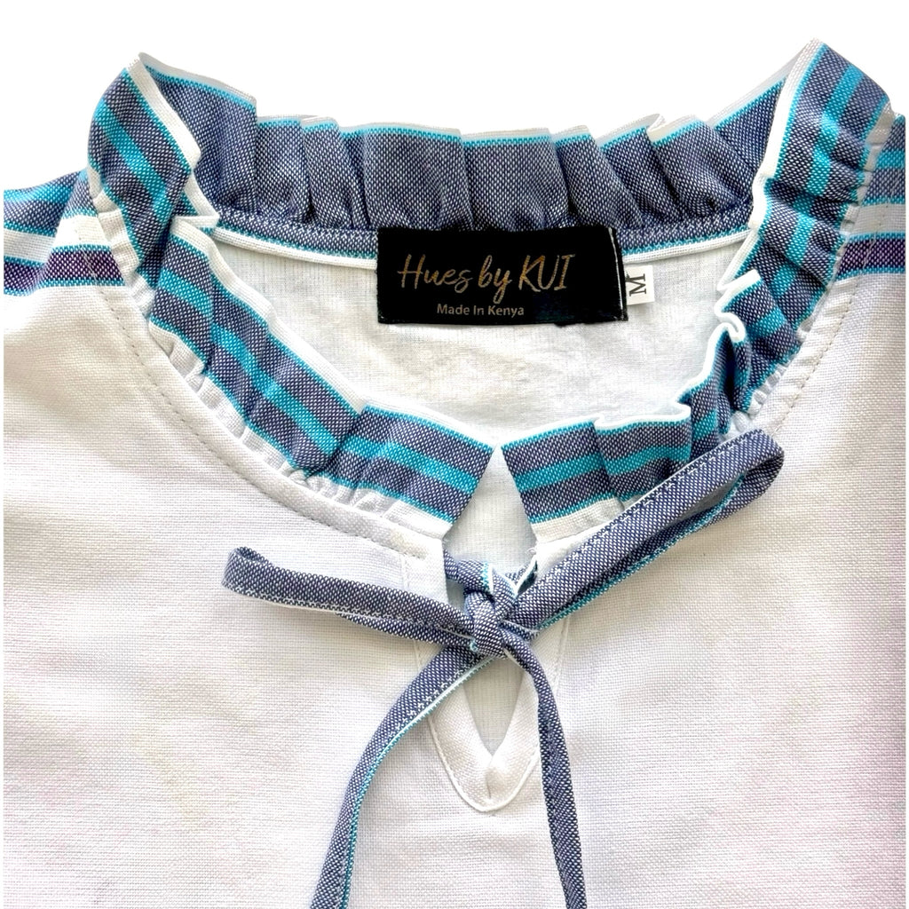 Hues by Kui white midi dress with a ruffled collar featuring blue and teal striped trim and a delicate tie-neck.