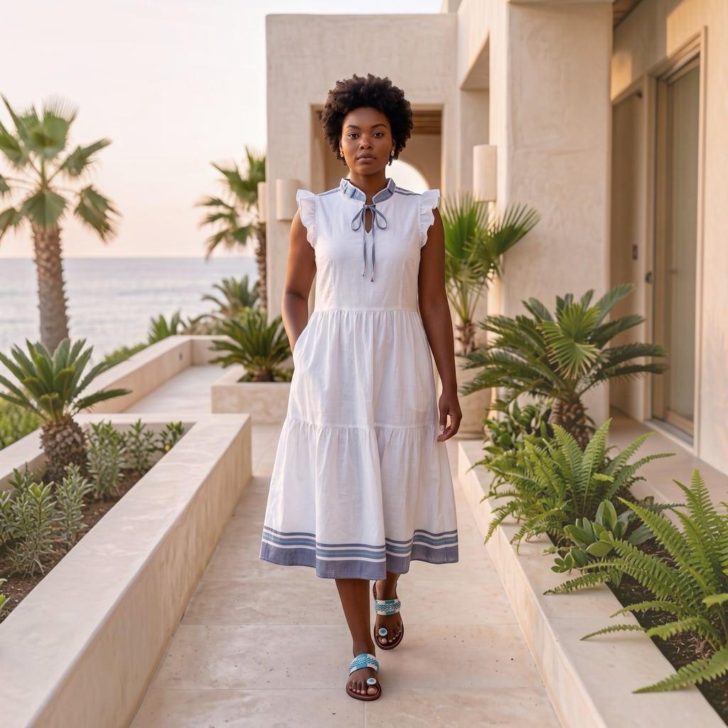 Hues by Kui white tiered midi dress with blue and teal striped ruffle sleeves and tie-neck, worn on a sunny terrace.
