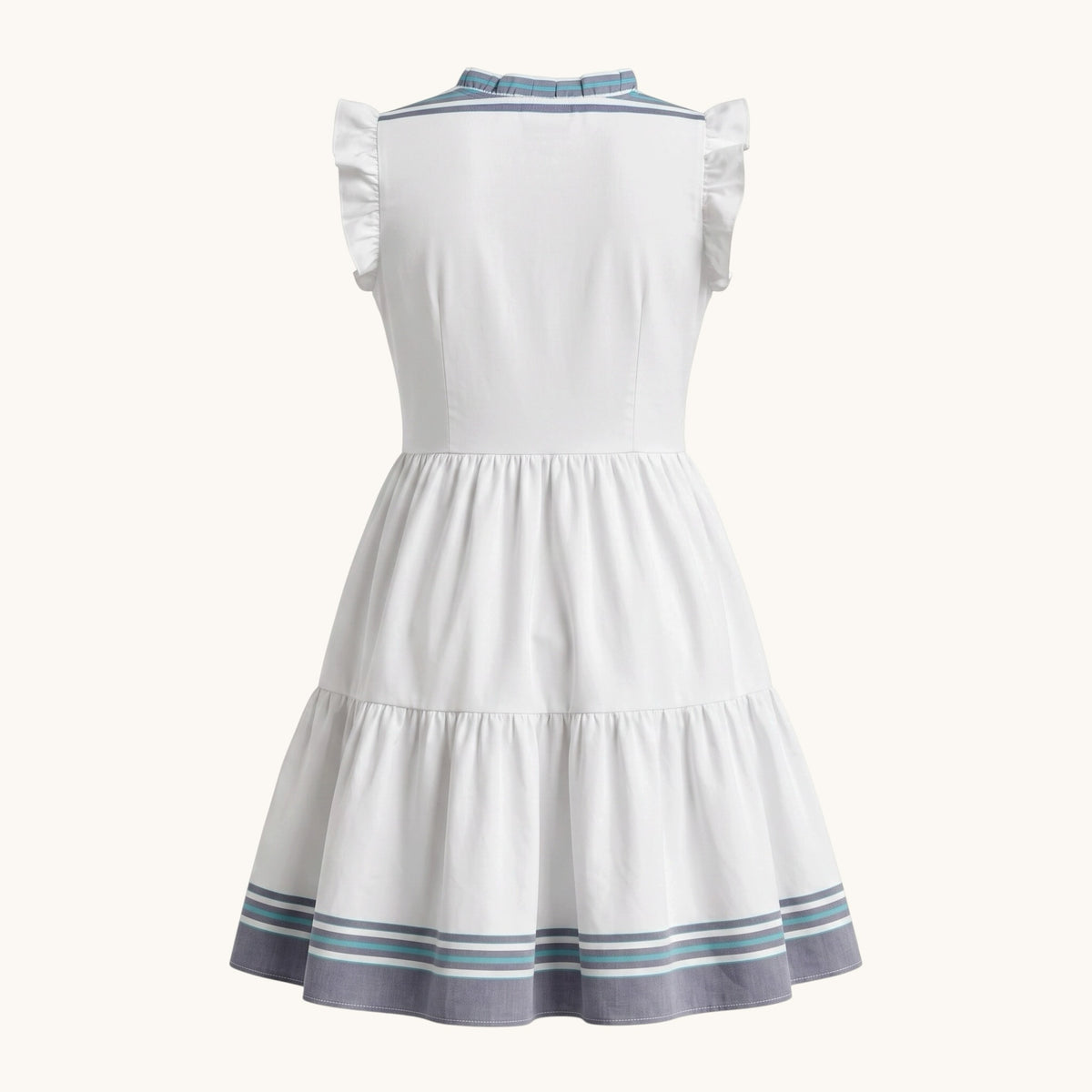 Hues by Kui white tiered midi dress with blue and teal striped ruffled sleeves and hem, back view.