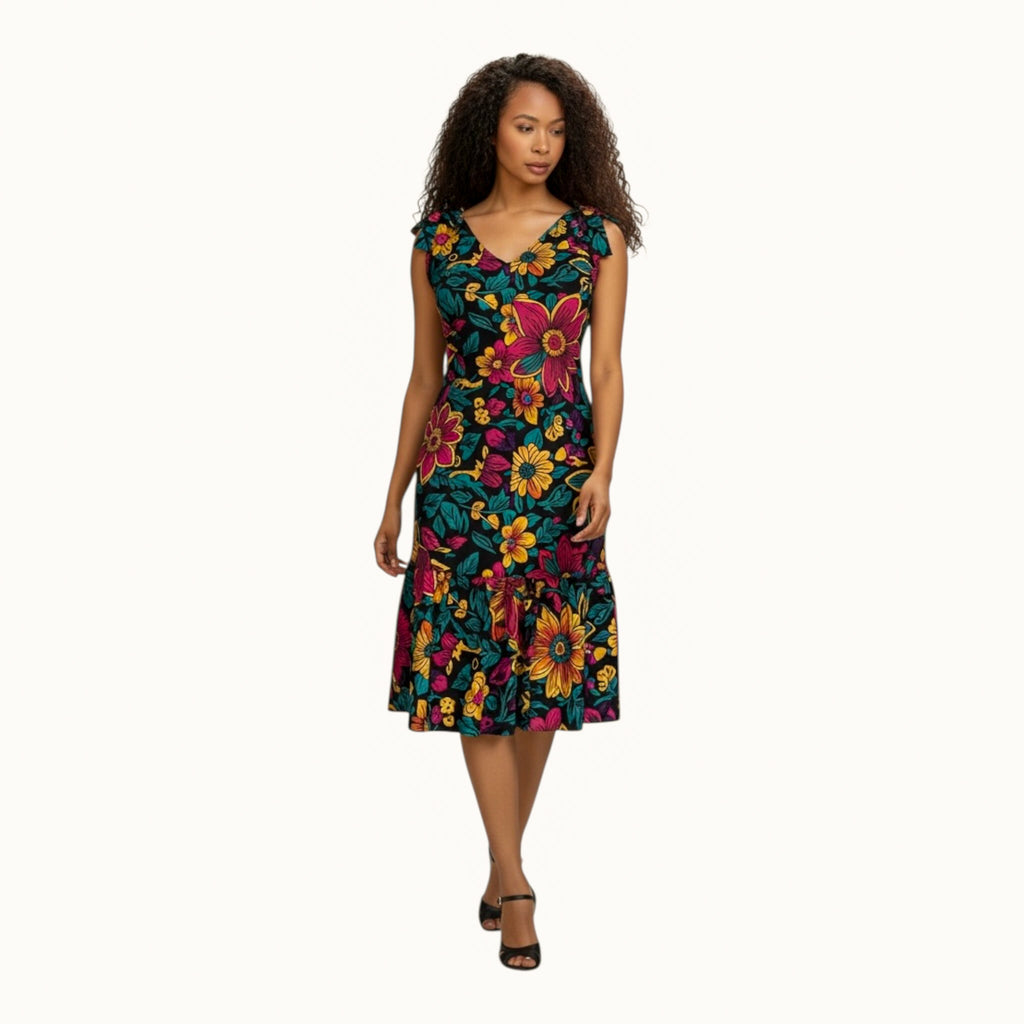 Zuri Cotton Midi Dress- Afro Print Resort Dress | Hues by Kui