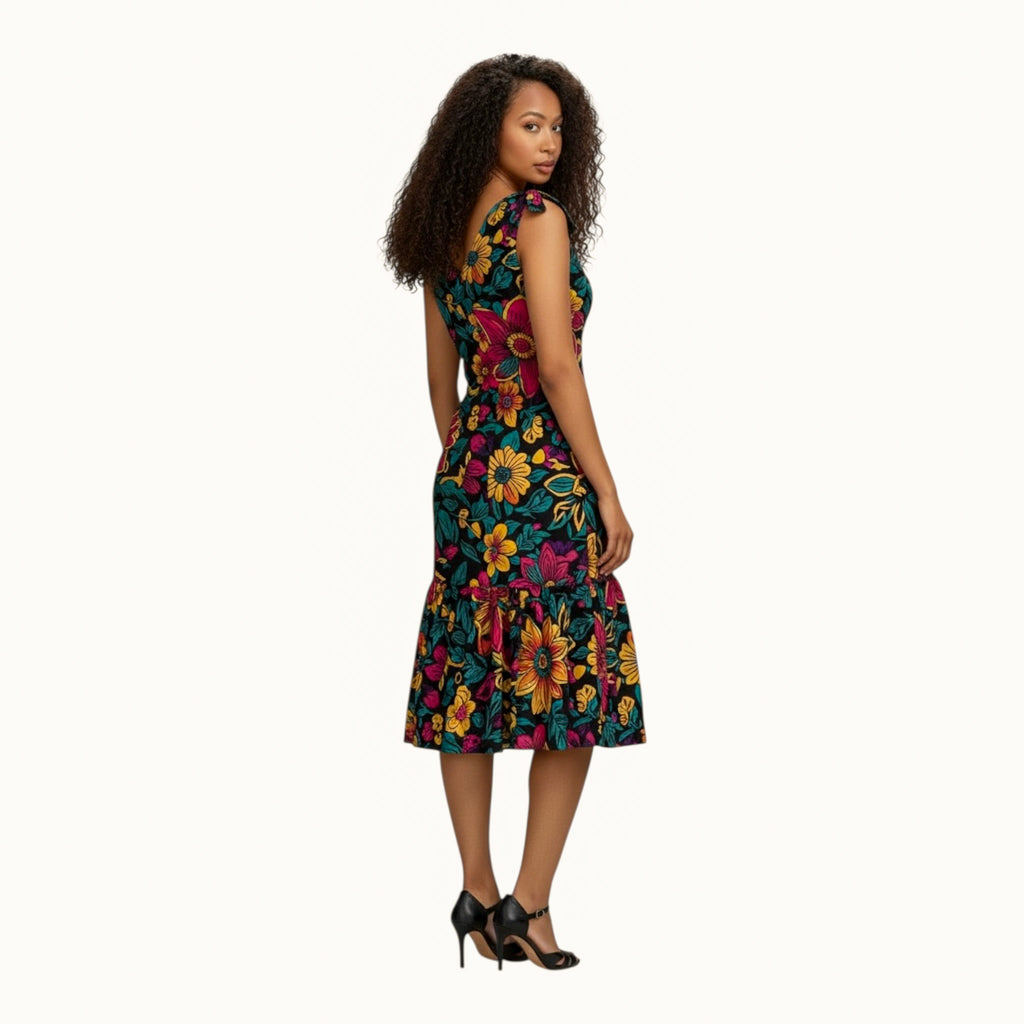 Zuri Cotton Midi Dress- Afro Print Resort Dress | Hues by Kui