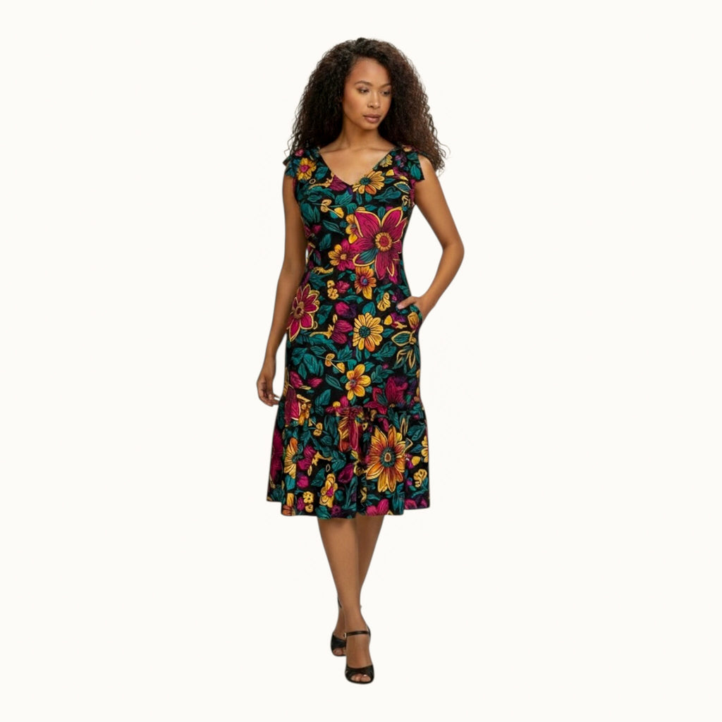 Zuri Cotton Midi Dress- Afro Print Resort Dress | Hues by Kui